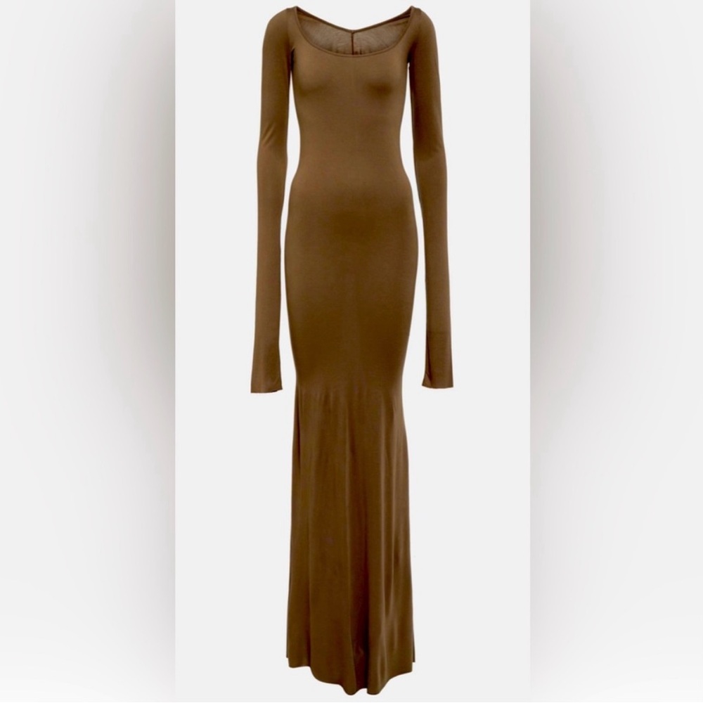 Rick Owen’s Lilies collection Jersey Long Sleeve Scoop Neck Maxi Dress in Taupe